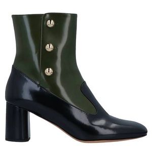 NIB - Rochas designer ankle boot - military green, gold and black. Size 6.5.